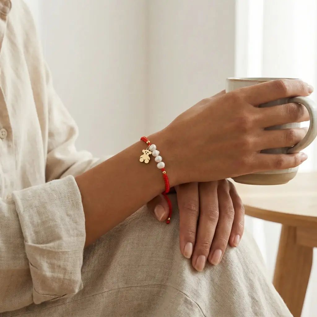 Pulsera de cuerda roja ajustable con perlas oso (Inspiración Tous)07 copia.webp
