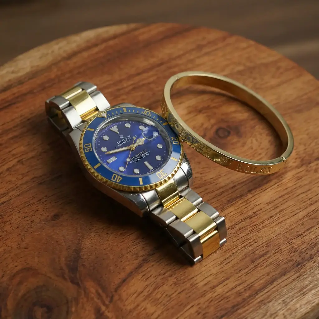 Reloj y pulsera color azul y dorado (Inspiración Rolex) 05.webp