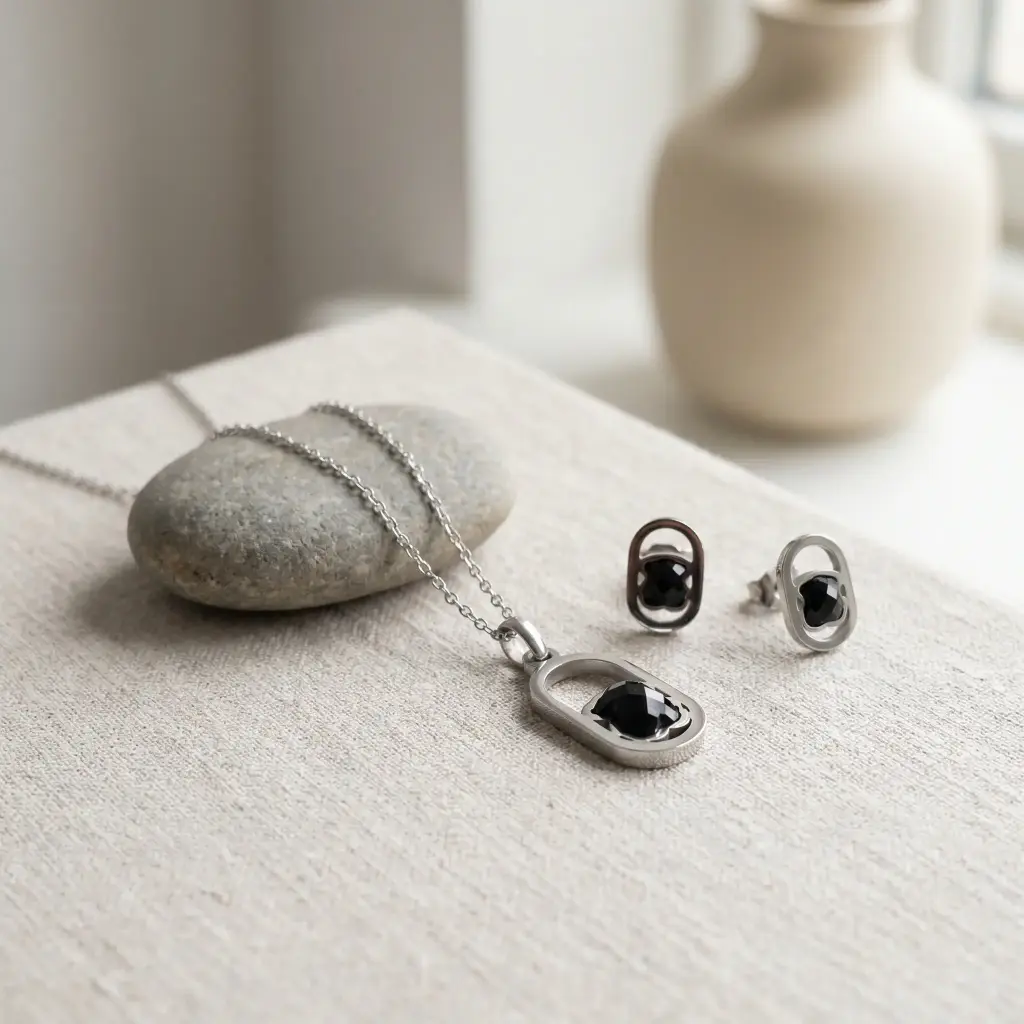 Conjunto colgante y pendientes espinelas negras Camille Plata (Inspiración Tous) 02.webp