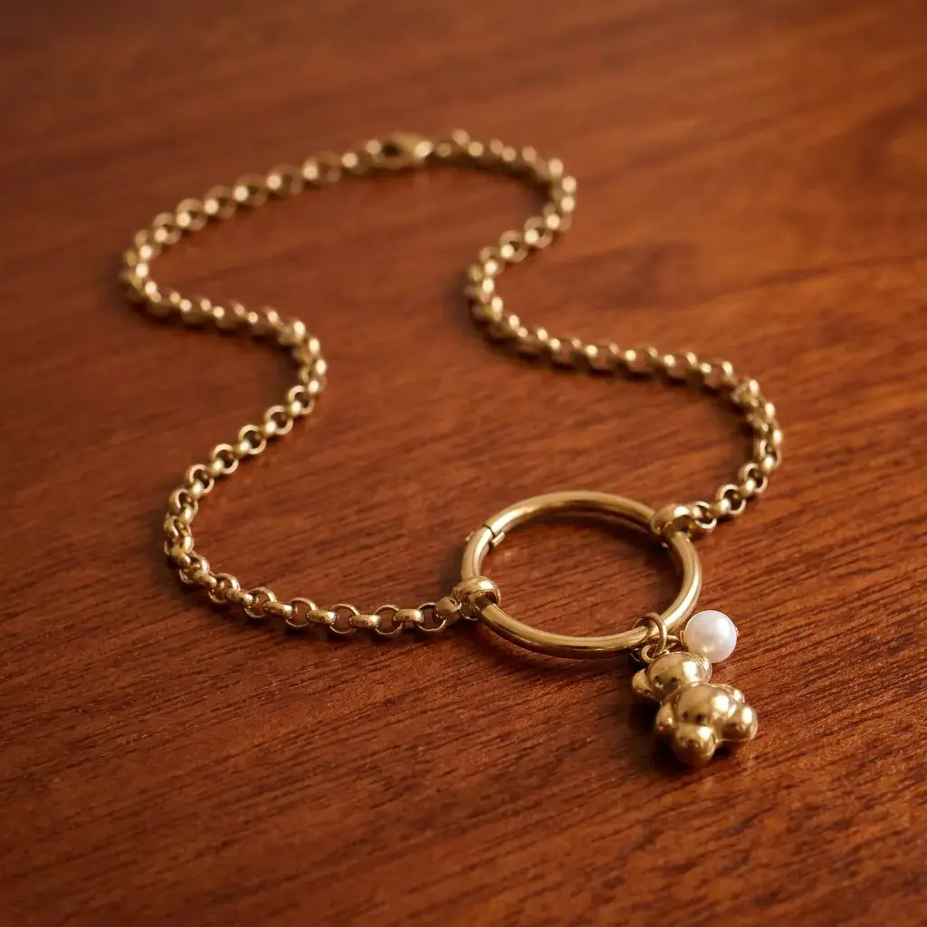Pulsera con colgante de oso y perla (Inspiración Tous) Dorado 04.webp