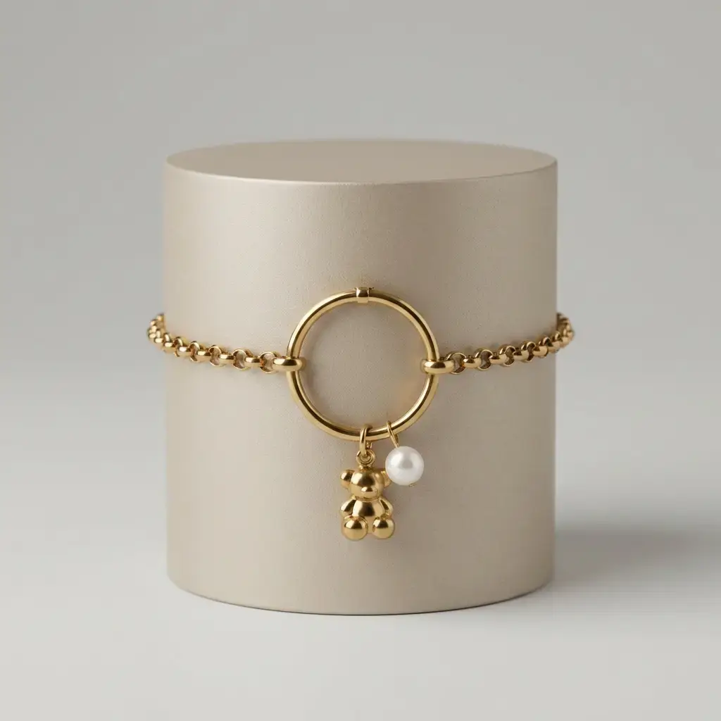 Pulsera con colgante de oso y perla (Inspiración Tous) Dorado 03.webp