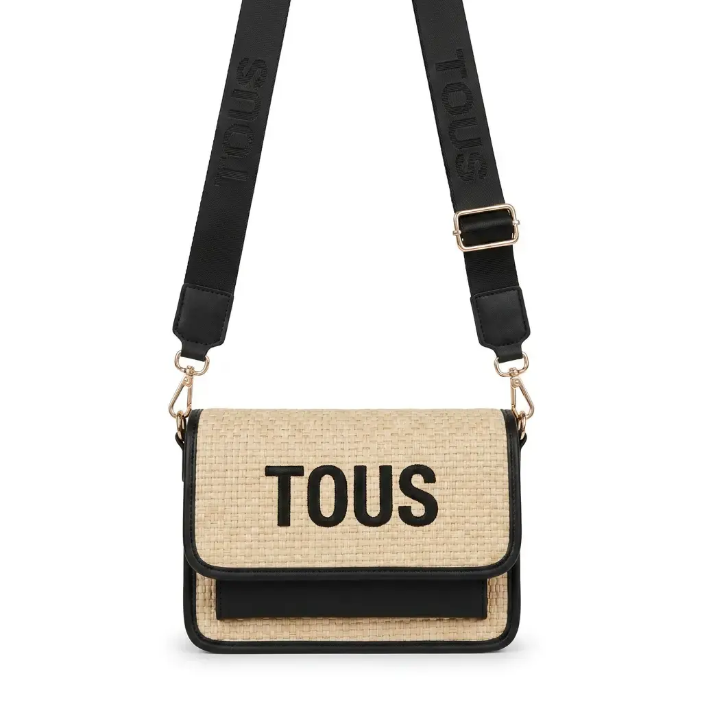 Bolso bandolera mediano Audree La Rue New Rafia (Inspiración Tous) Negro 01.webp