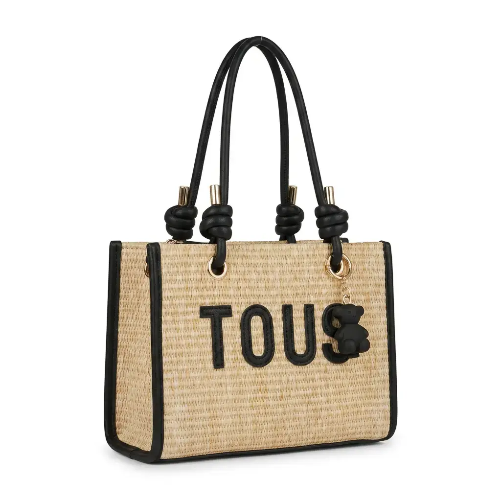 Bolso Bandolera con oso pequeño de rafia (Inspiración Tous) Negro 01.webp