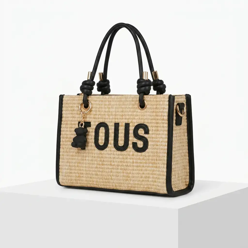 Bolso Bandolera con oso pequeño de rafia (Inspiración Tous) Negro 03.webp