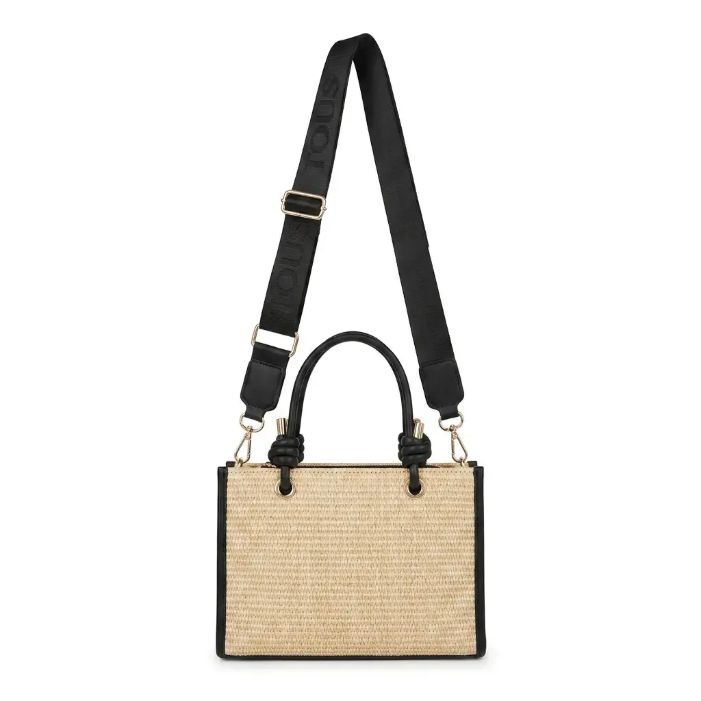 Bolso Bandolera con oso pequeño de rafia (Inspiración Tous) Negro 04.webp