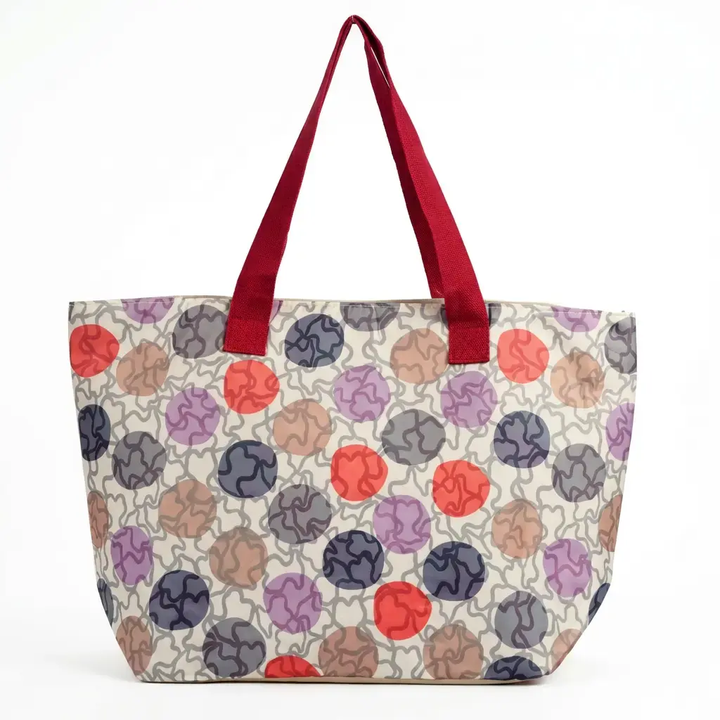 Bolso de playa estampado con circulos multicolor rojo 01.webp