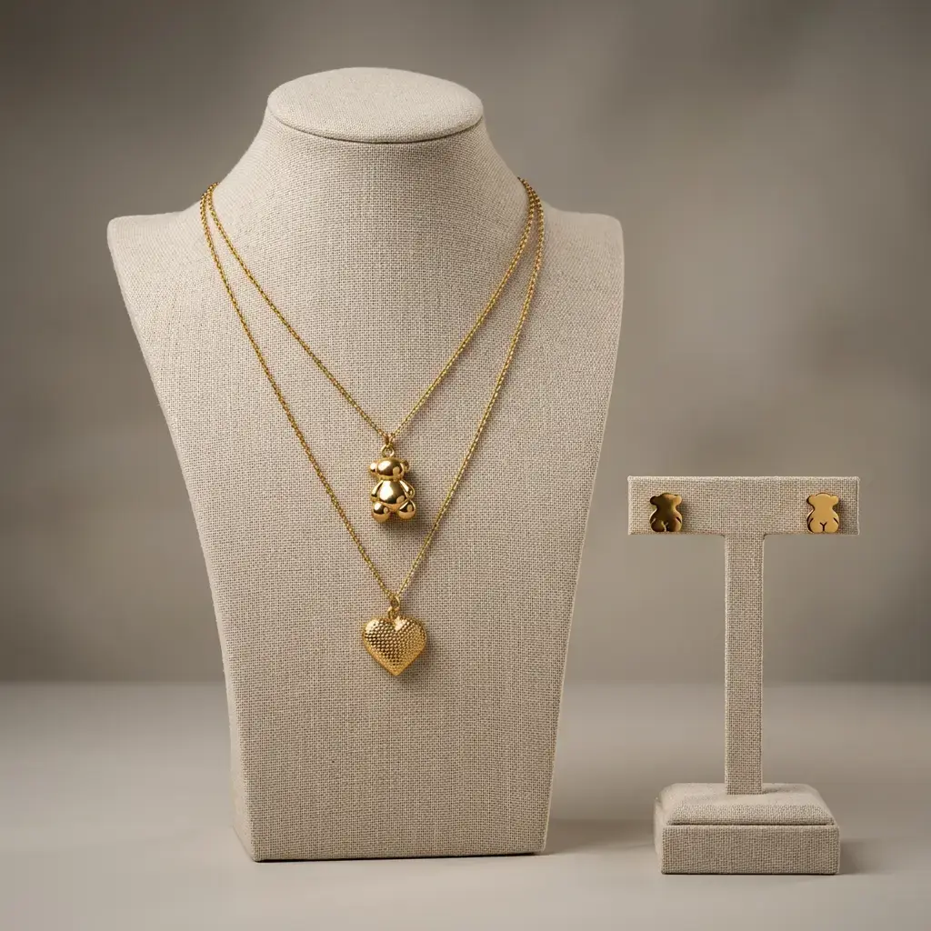 Conjunto colgante y pendientes de oso y corazon (Inspiración Tous) 05.webp