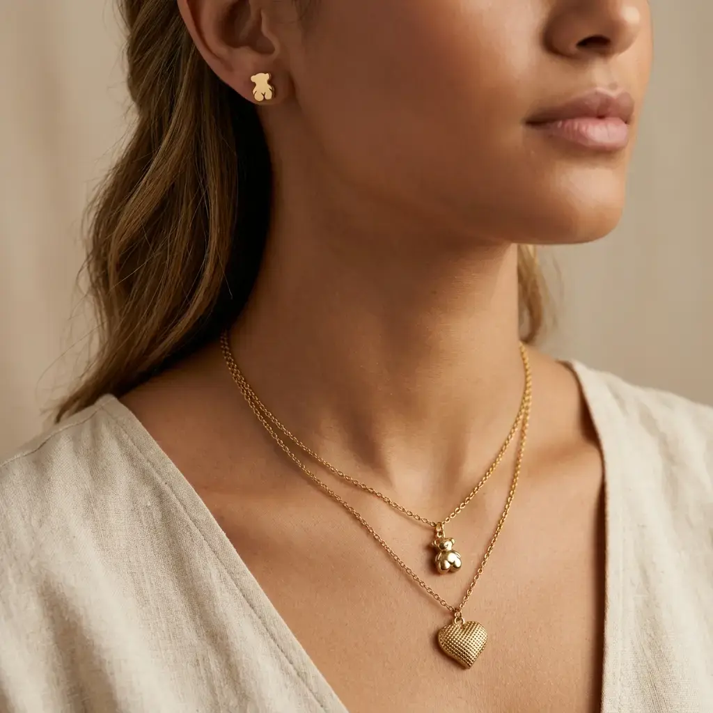 Conjunto colgante y pendientes de oso y corazon (Inspiración Tous) 03.webp