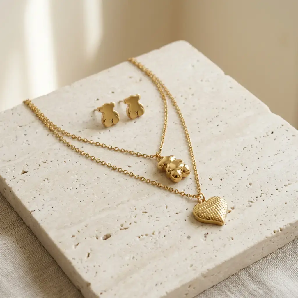 Conjunto colgante y pendientes de oso y corazon (Inspiración Tous) 06.webp