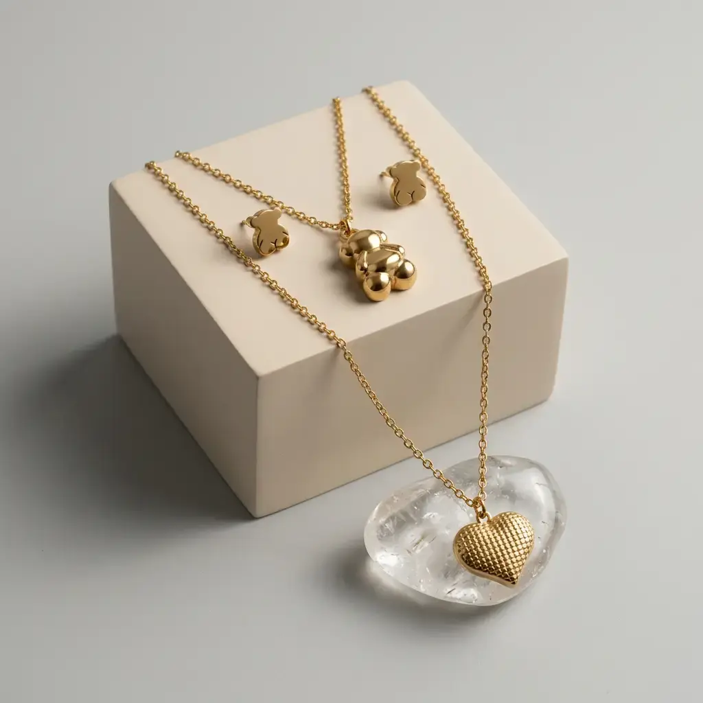 Conjunto colgante y pendientes de oso y corazon (Inspiración Tous) 04.webp