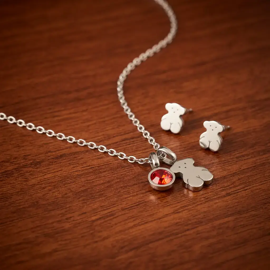 Conjunto colgante y pendientes gema roja y oso (Inspiración Tous) 04.webp