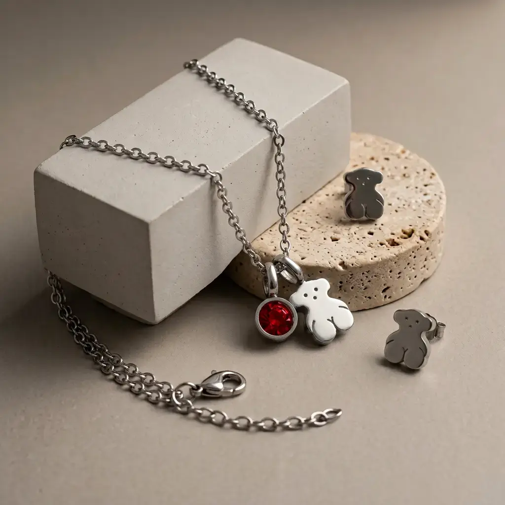 Conjunto colgante y pendientes gema roja y oso (Inspiración Tous) 03.webp