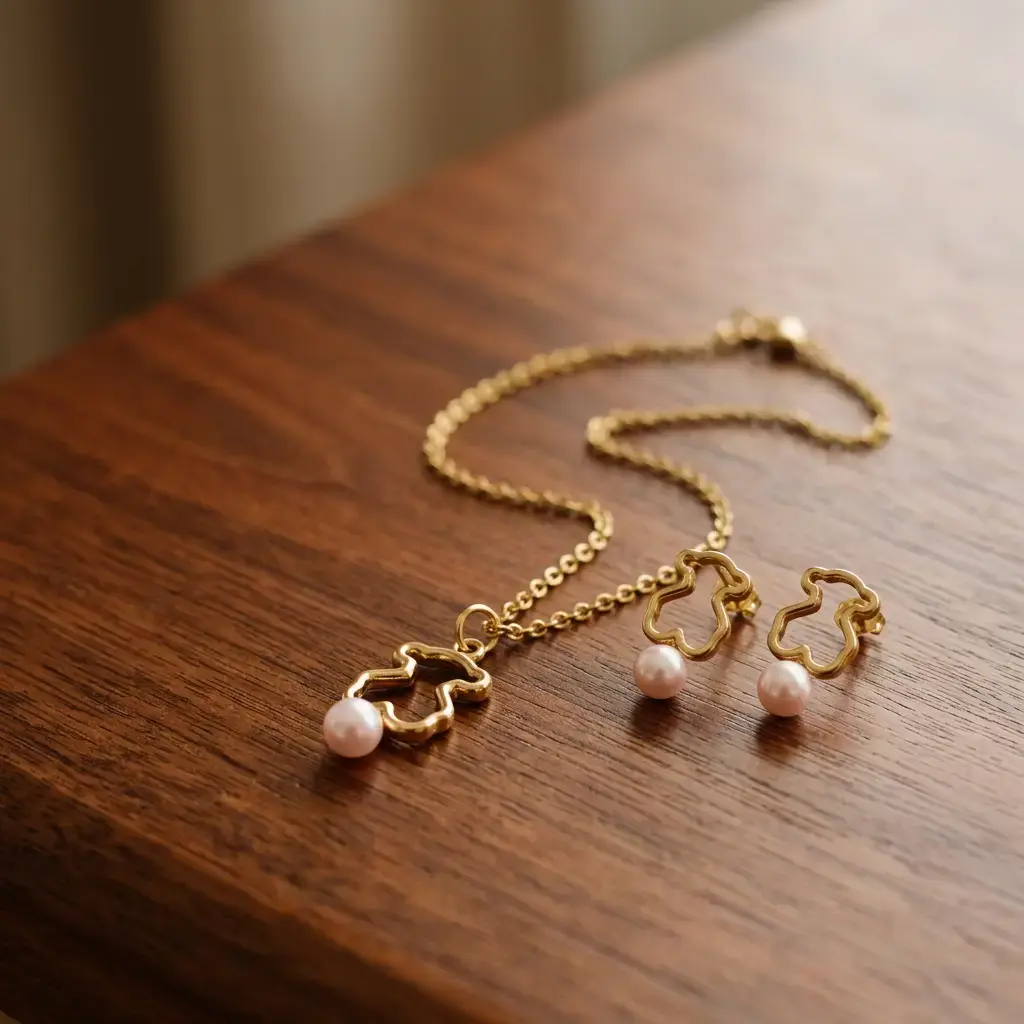 Conjunto pulsera rigida con colgante y pendientes perla (Inspiración Tous) 03.webp