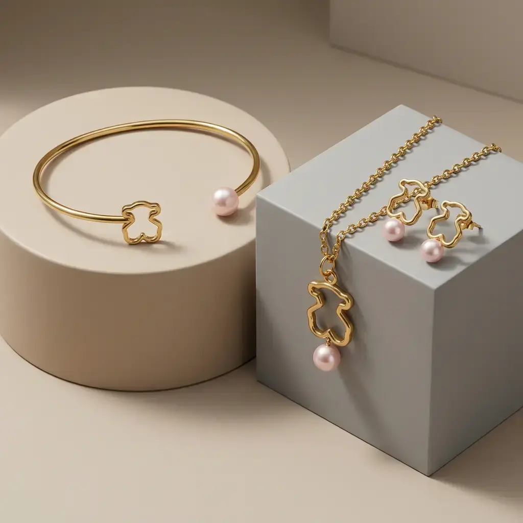 Conjunto pulsera rigida con colgante y pendientes perla (Inspiración Tous) 01.webp