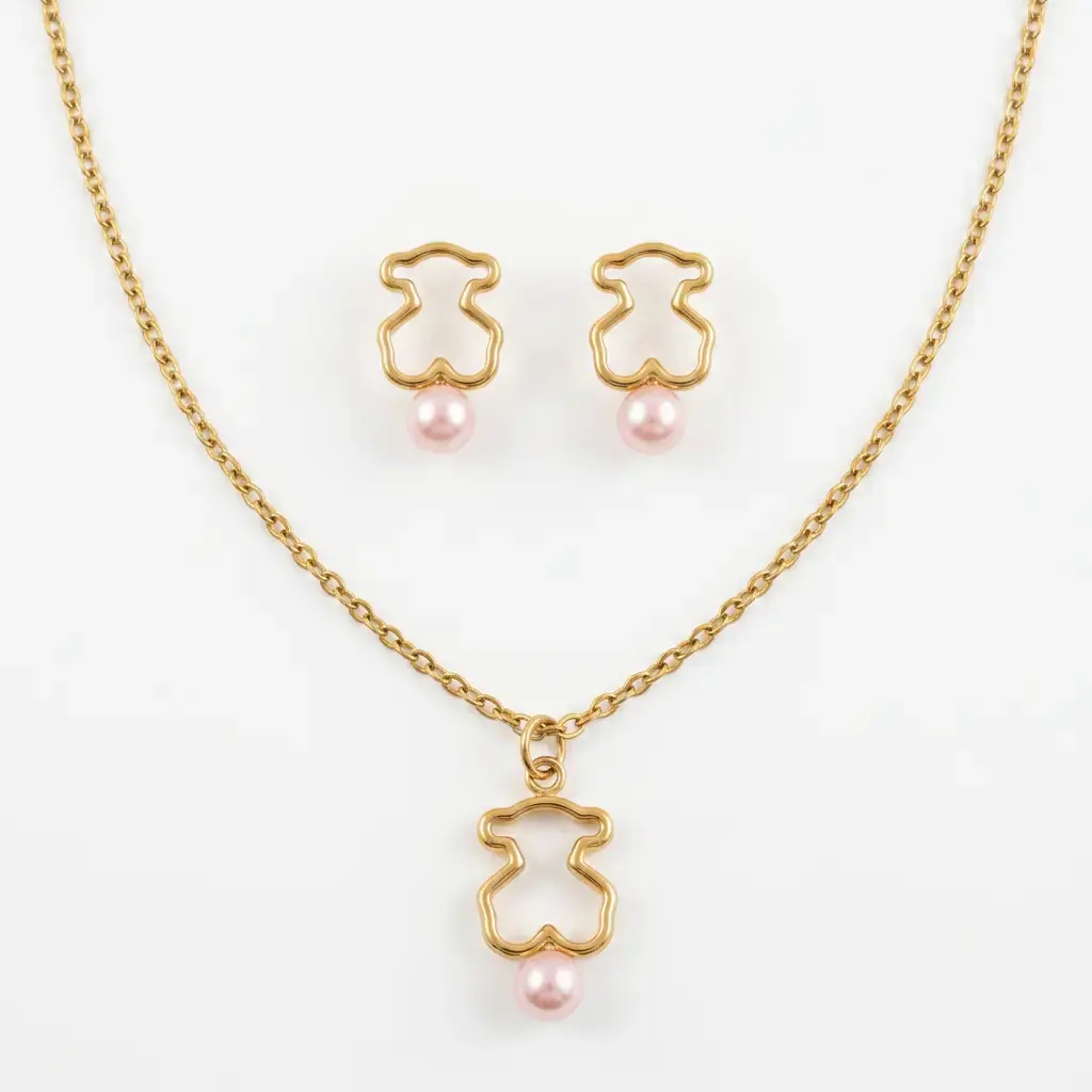 Conjunto pulsera rigida con colgante y pendientes perla (Inspiración Tous) 02.webp