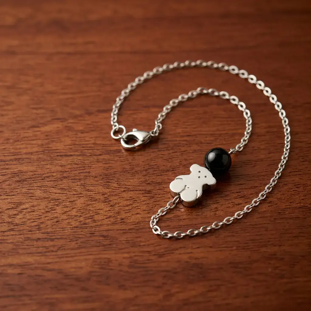 Pulsera Charming motivo oso y una perla negra y plata (Inspiración Tous) 03.webp