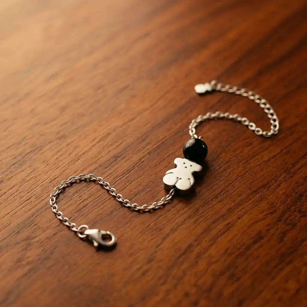 Pulsera Charming motivo oso y una perla negra y plata (Inspiración Tous) 06.webp