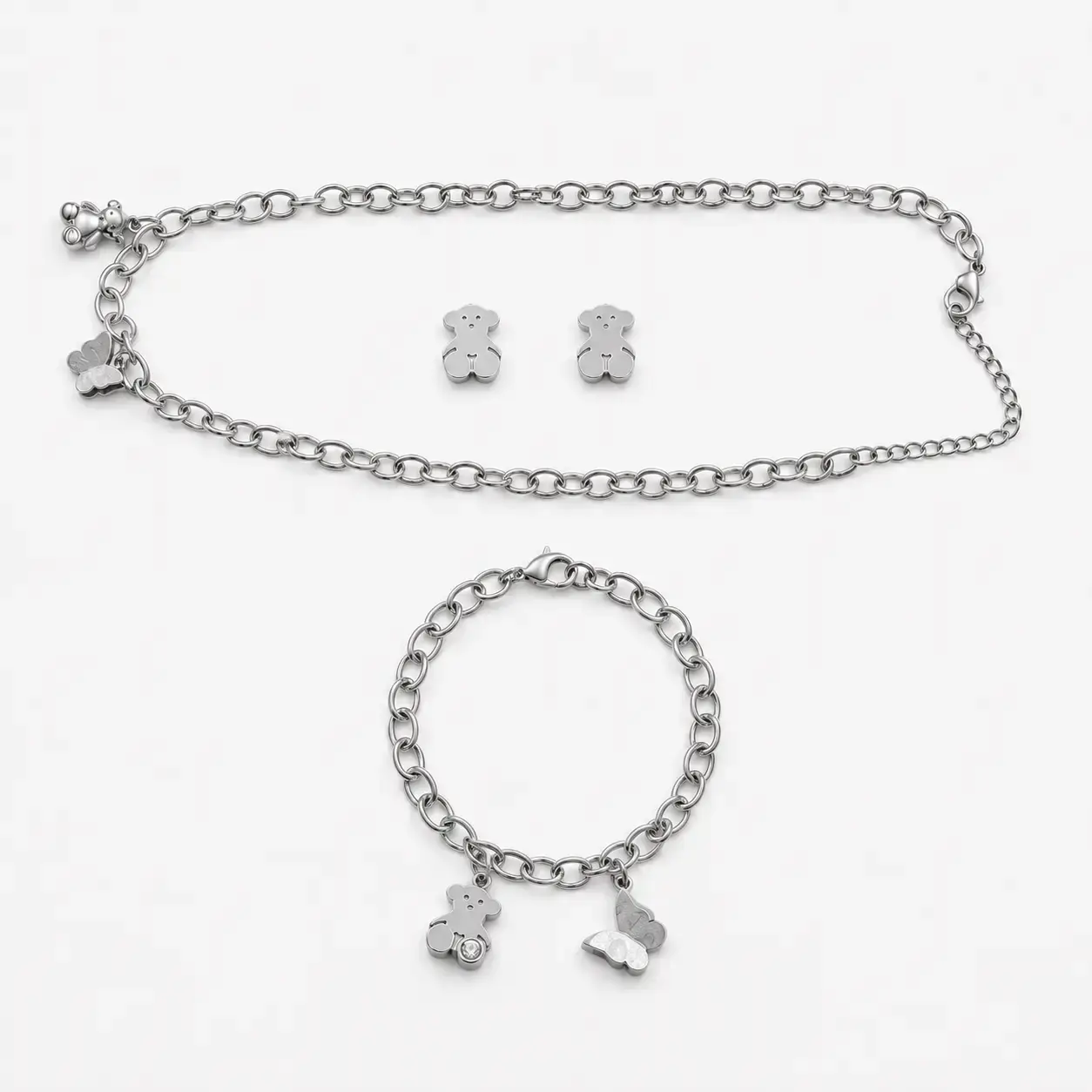 Conjunto de colgante pulsera y pendientes mariposa y oso (Inspiracion Tous) Plata 01.webp