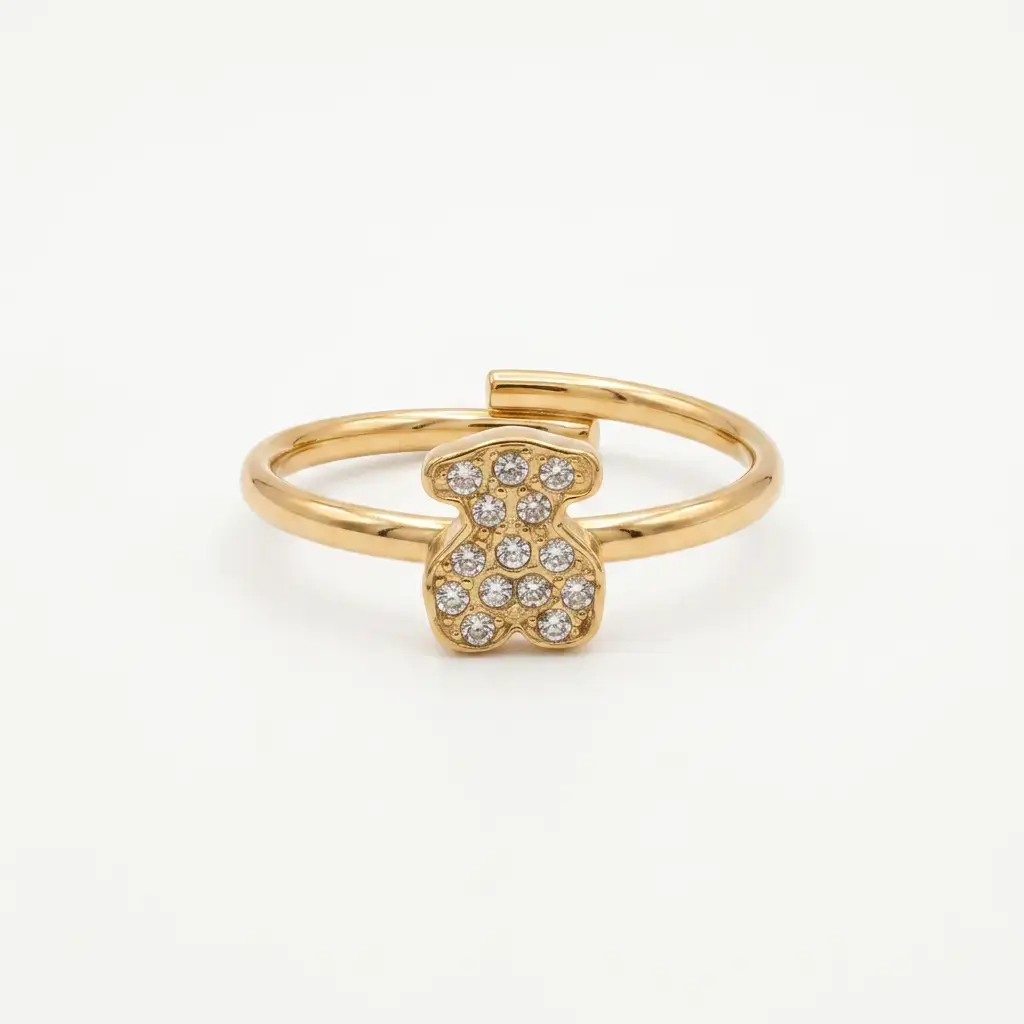 Anillo Gen amarillo con motivos de oso y brillantes (Inspiración Tous) 01.webp