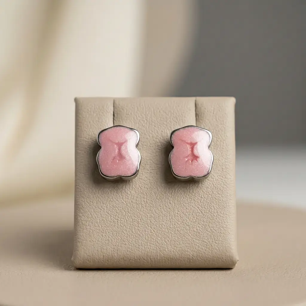 Pendientes New Color motivo de oso cuarzo rosa y plata (Inspiración Tous) 02.webp