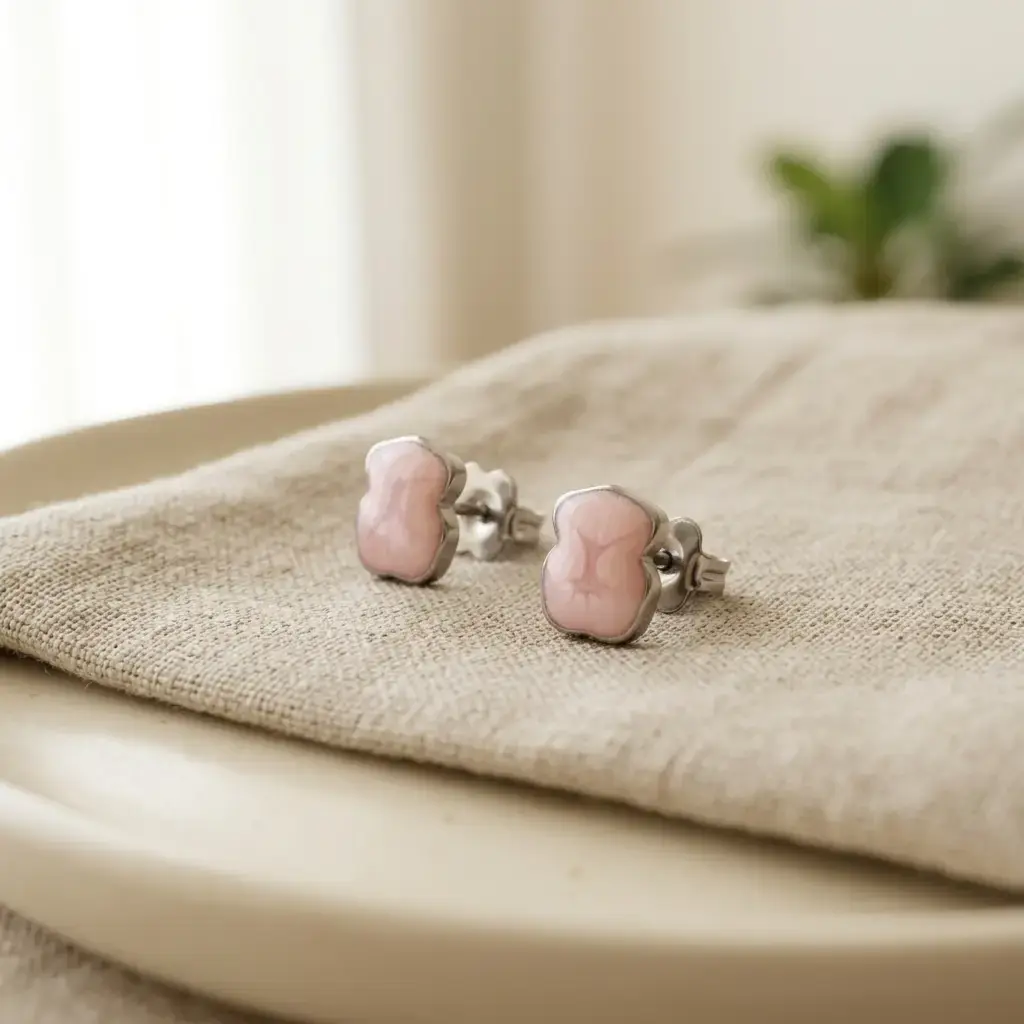 Pendientes New Color motivo de oso cuarzo rosa y plata (Inspiración Tous) 03.webp