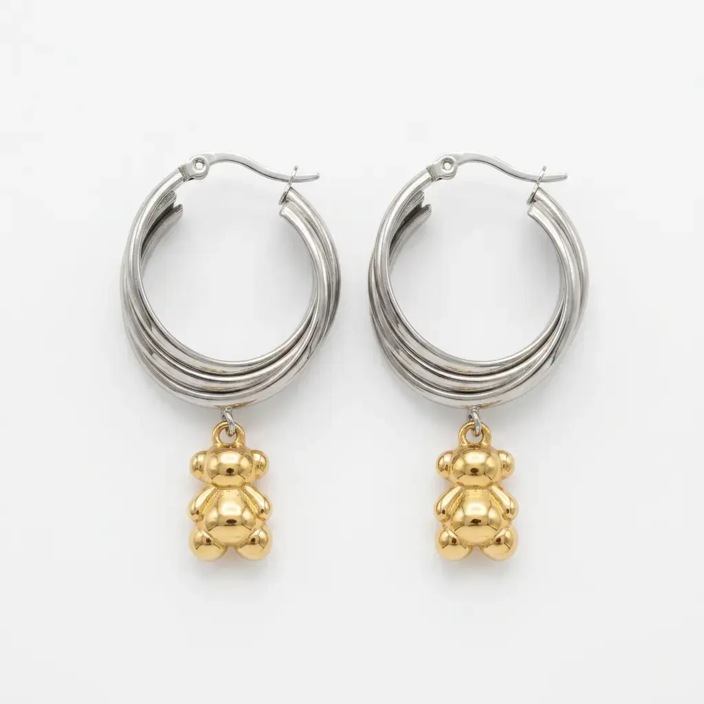 Pendientes de aro bicolor con doble oso Bold Bear (Inspiración Tous) 06.webp