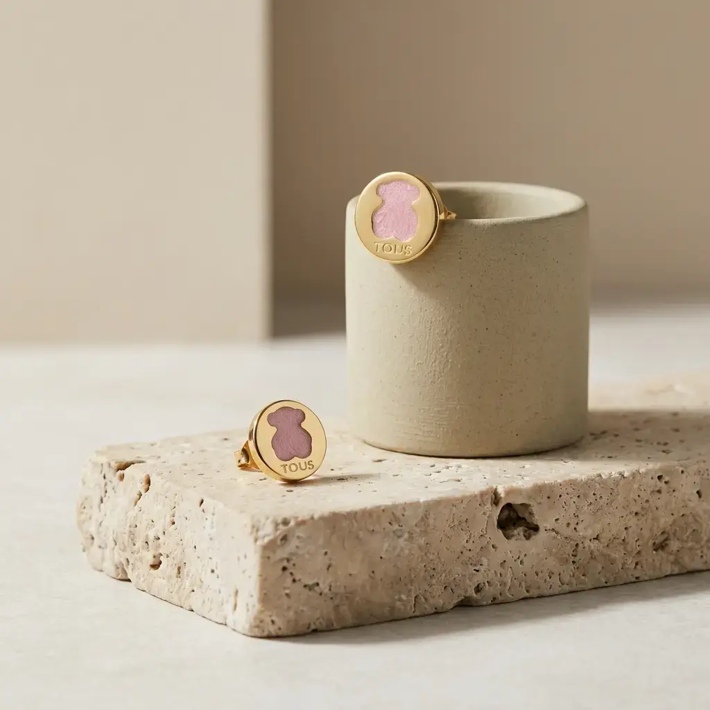 Pendientes icónico oso y gema color rosa (Inspiración Tous) 02.webp