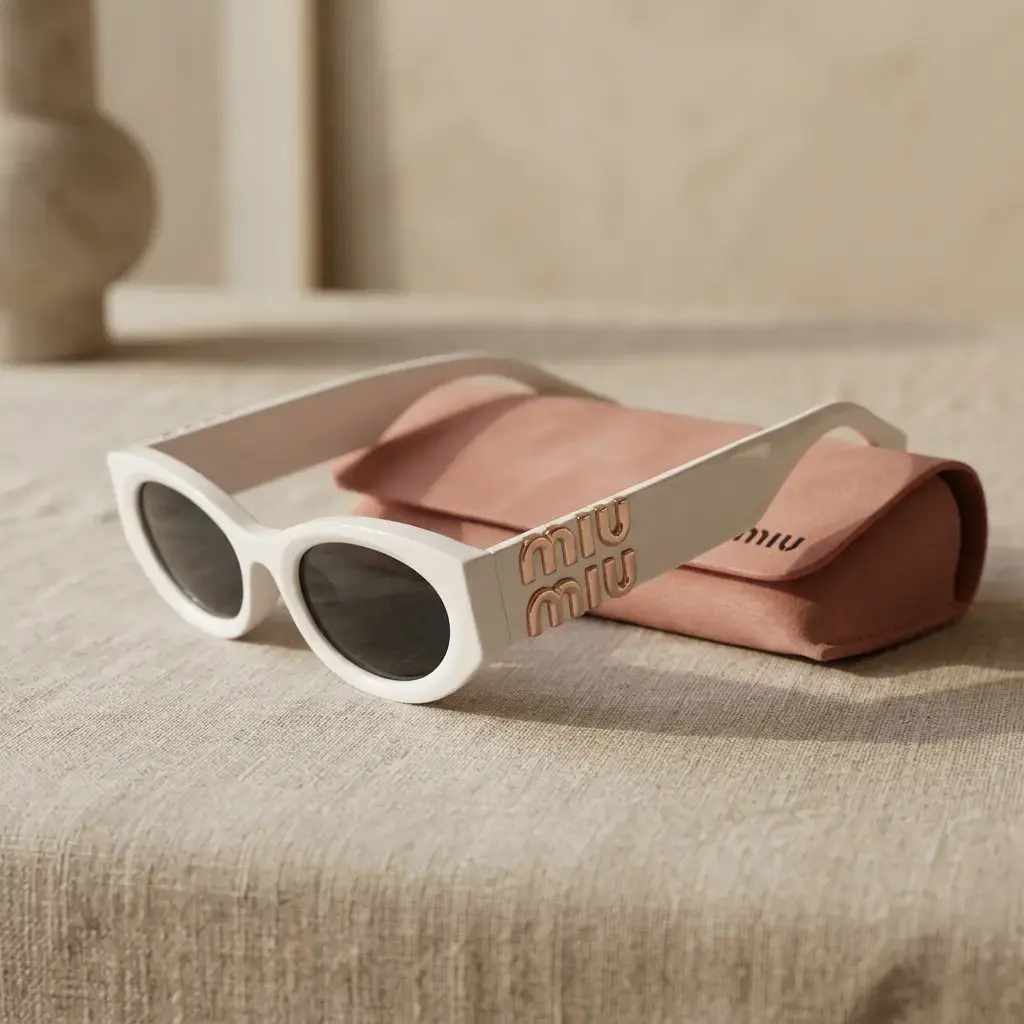 Gafas de sol ovaladas Blancas logotipo metálico (Inspiración Miu Miu) 02.webp