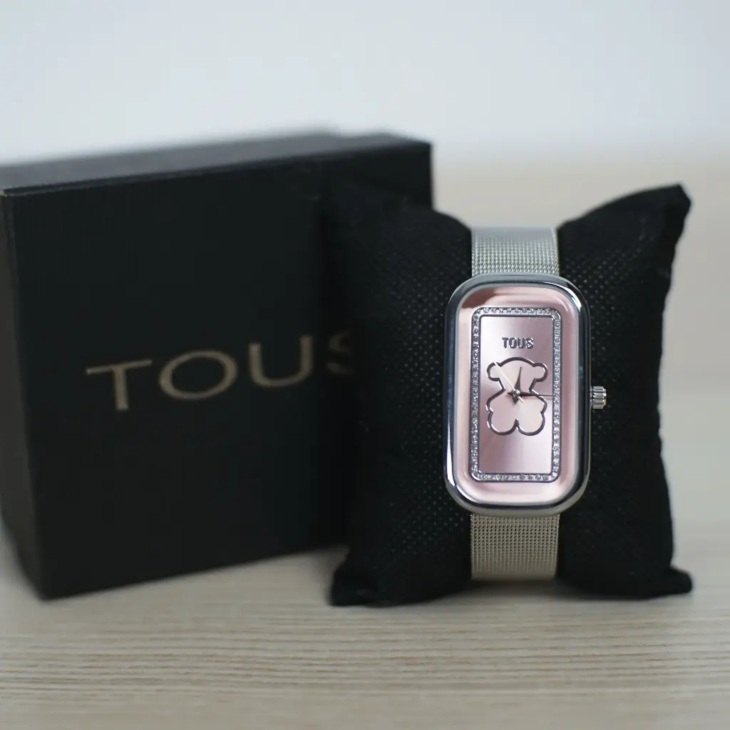 Reloj Analogico Rectangular Estilo Osito (inspiración Tous) Icon Plata y Rosa 01.webp