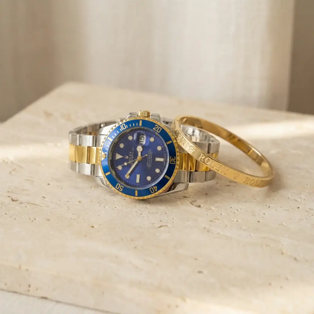 Reloj y Pulsera Azul y Dorado (Inspiración Rolex)