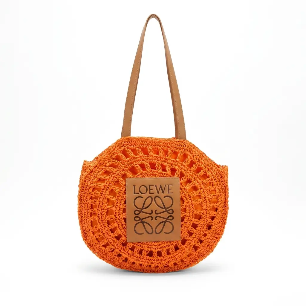 Bolso redondo de rafia con anagrama (Inspiración Loewe)