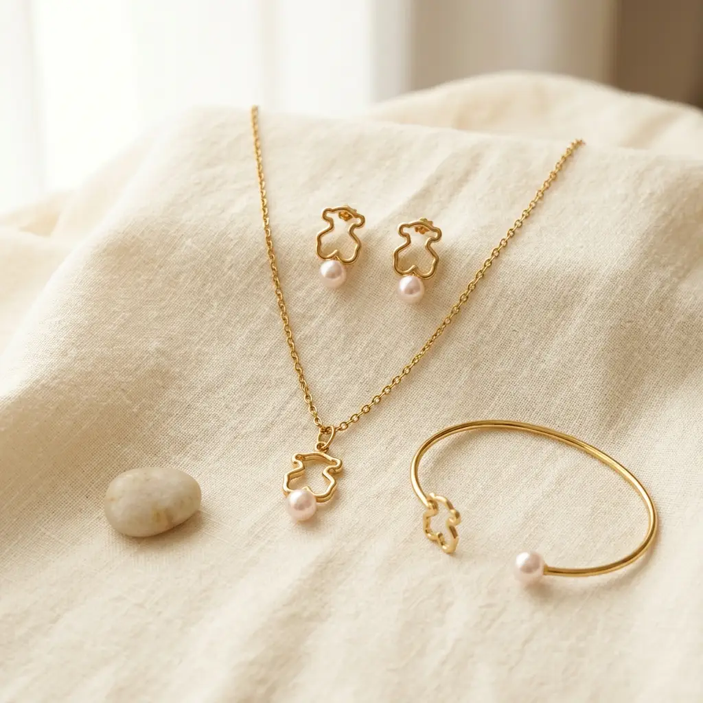 Conjunto pulsera rigida con colgante y pendientes perla (Inspiración Tous)