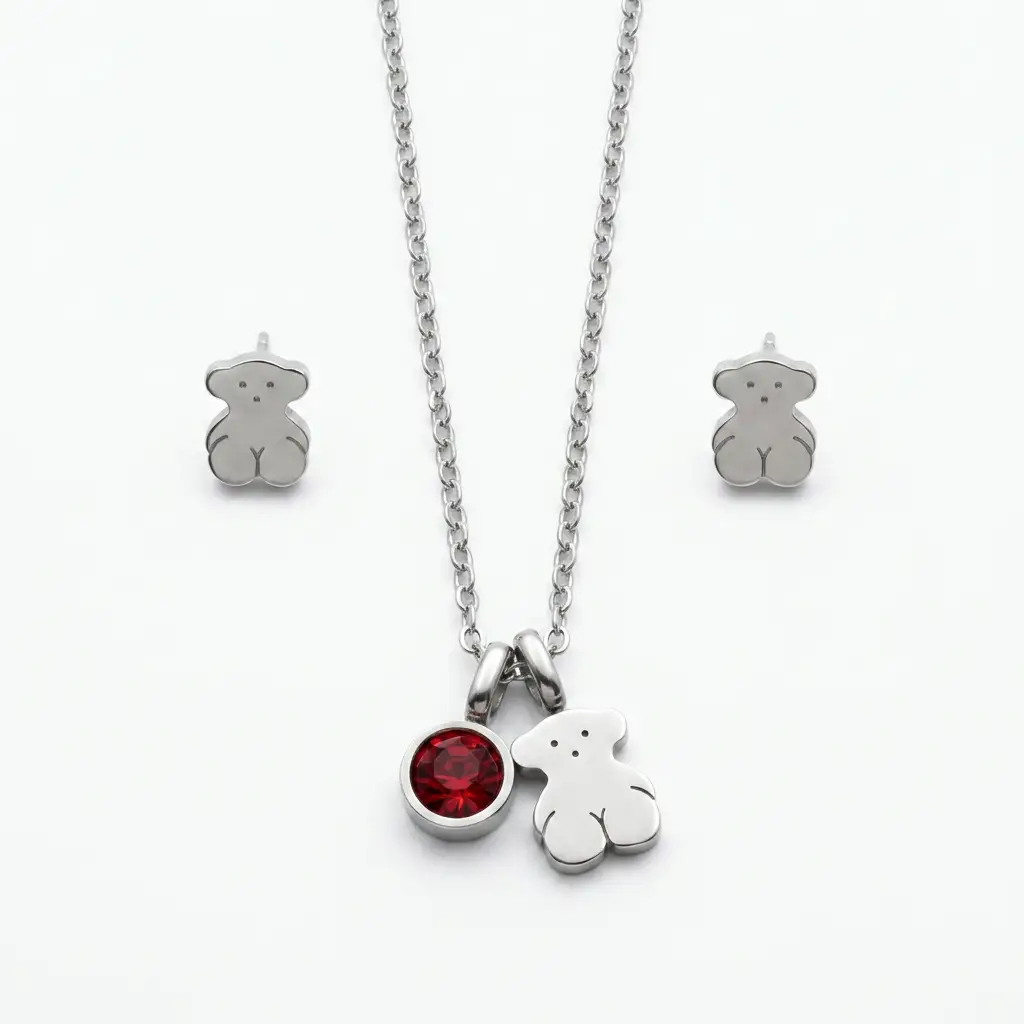 Conjunto colgante y pendientes gema roja y oso (Inspiración Tous)