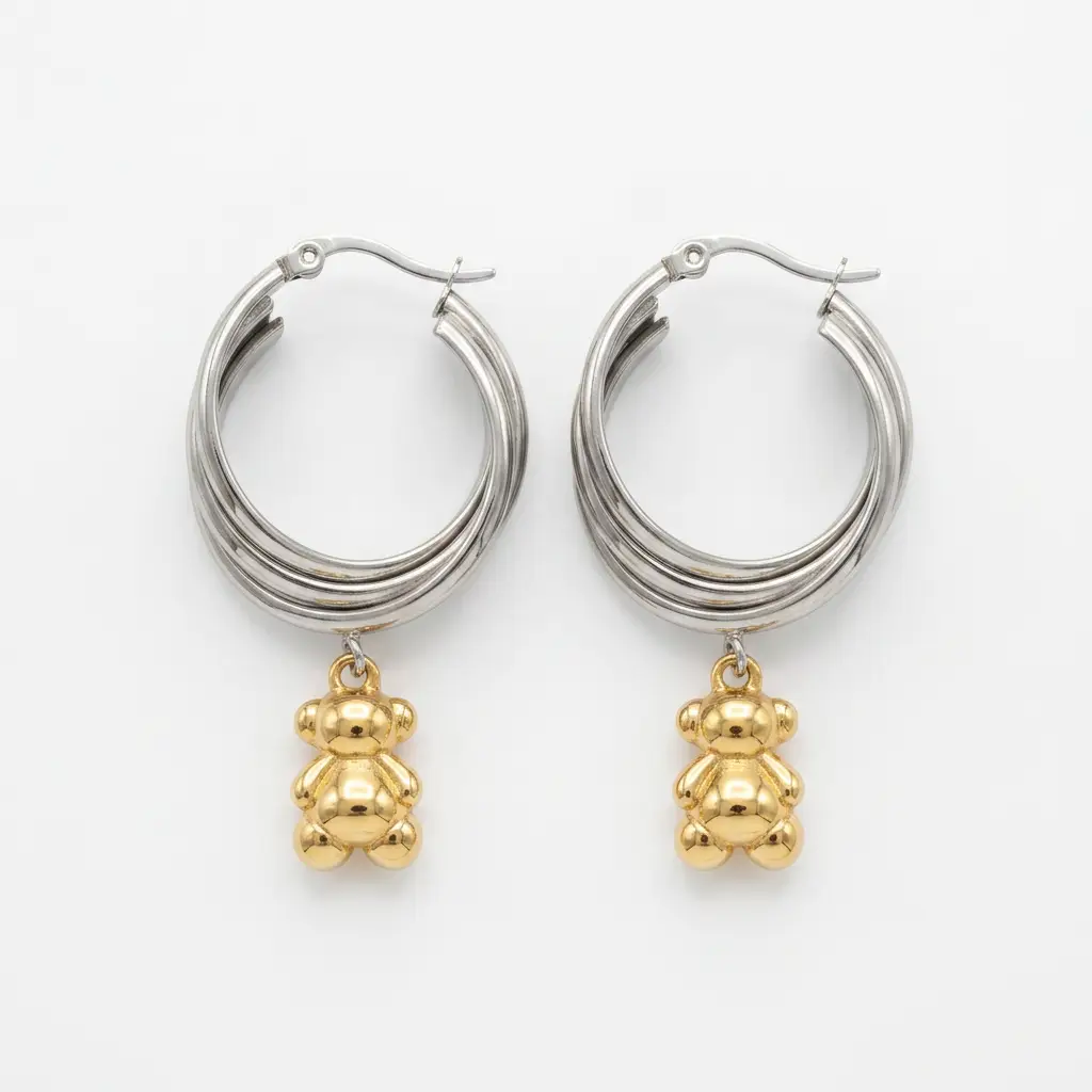 Pendientes de aro bicolor con doble oso Bold Bear (Inspiración Tous)