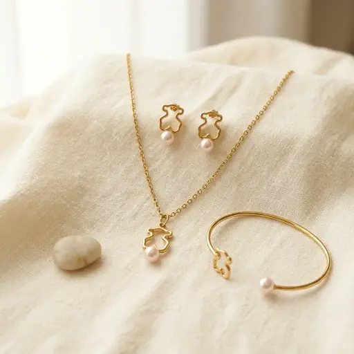 Conjunto pulsera rigida con colgante y pendientes perla (Inspiración Tous)