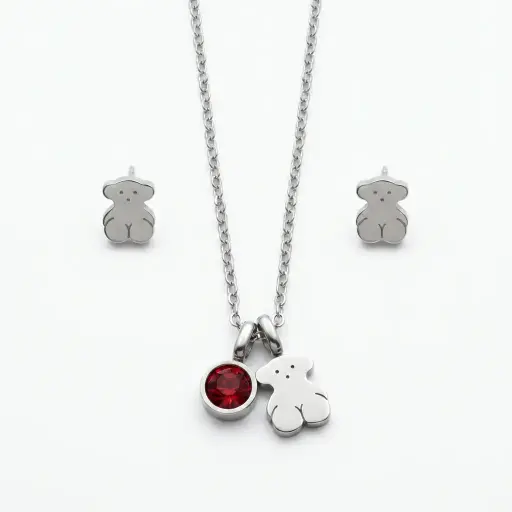Conjunto colgante y pendientes gema roja y oso (Inspiración Tous)
