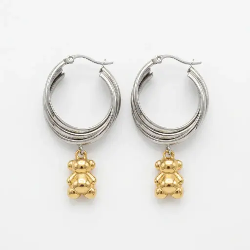 Pendientes de aro bicolor con doble oso Bold Bear (Inspiración Tous)